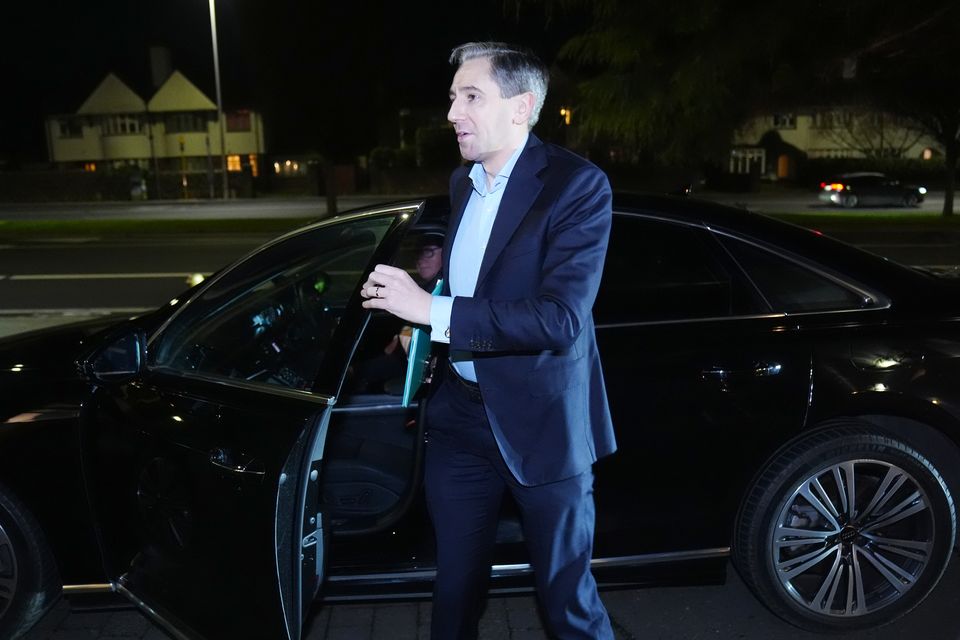 Taoiseach and Fine Gael leader Simon Harris arrives at Talbot Hotel in Stillorgan, Dublin on Friday evening for the first regional meeting of Fine Gael members to discuss ratification of the Programme for Government (Brian Lawless/PA)