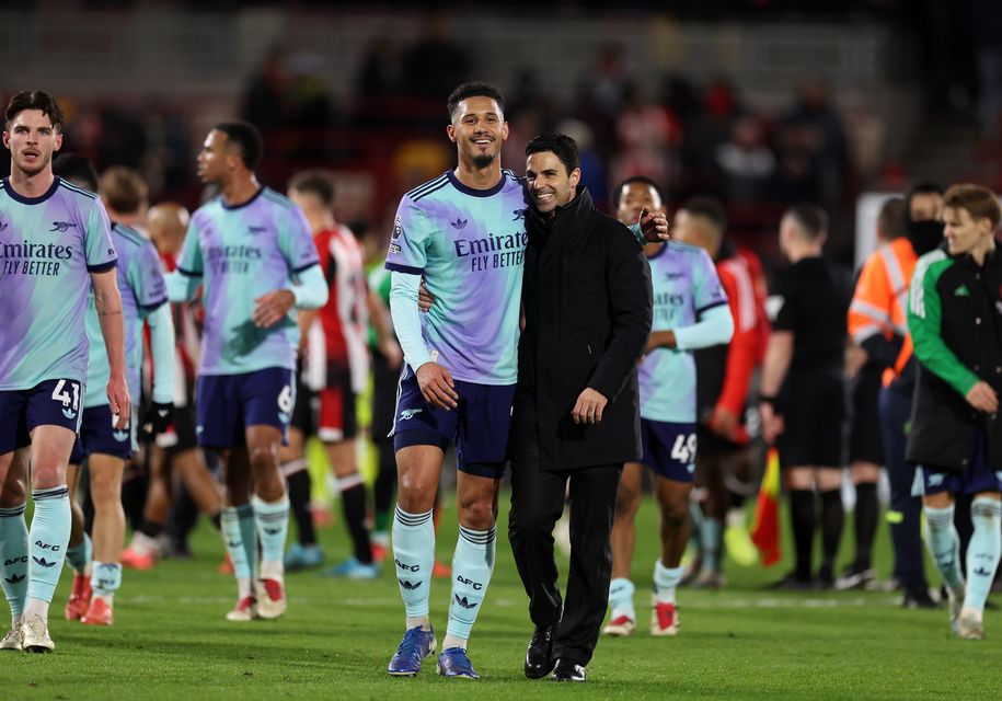 Arteta (right) is hopeful Saliba’s injury is not as bad as initially feared (Steven Paston/PA)