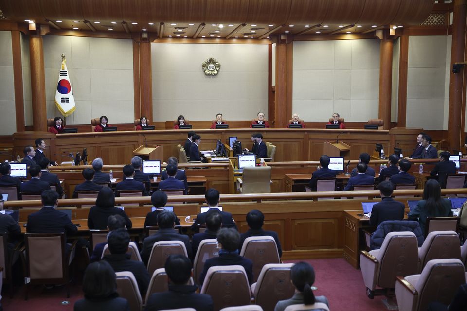 The Constitutional Court has until June to determine whether to formally dismiss Mr Yoon as president (Kim Hong-Ji/Pool Photo via AP)