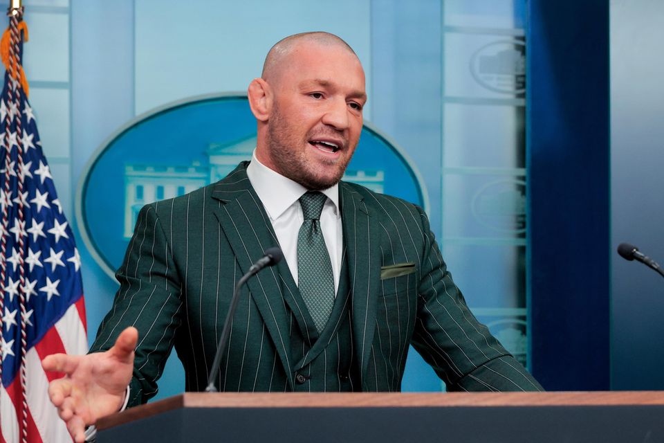 Former UFC champion and Irish businessman Conor McGregor briefly speaks with reporters alongside White House Press Secretary Karoline Leavitt before meeting with President Donald Trump in the Brady Press Briefing Room at the White House on Saint Patrick's Day, March 17, 2025 in Washington, DC. (Photo by Chip Somodevilla/Getty Images)