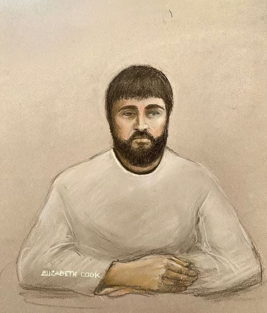 A court sketch of Kyle Clifford appearing via videolink during an earlier hearing at Westminster Magistrates’ Court (Liz Cook/PA)