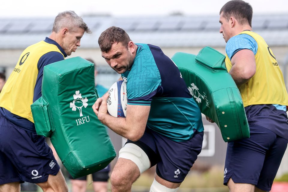 Tadhg Beirne is put through his paces by Simon Easterby and Ciaran Ruddock