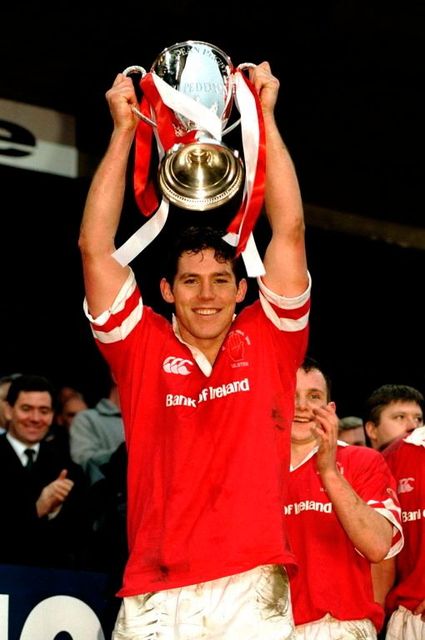 Simon Mason of Ulster lifts the trophy after victory over Colomiers in the European Cup Final at Lansdowne Road. Photo: David Rogers /Allsports