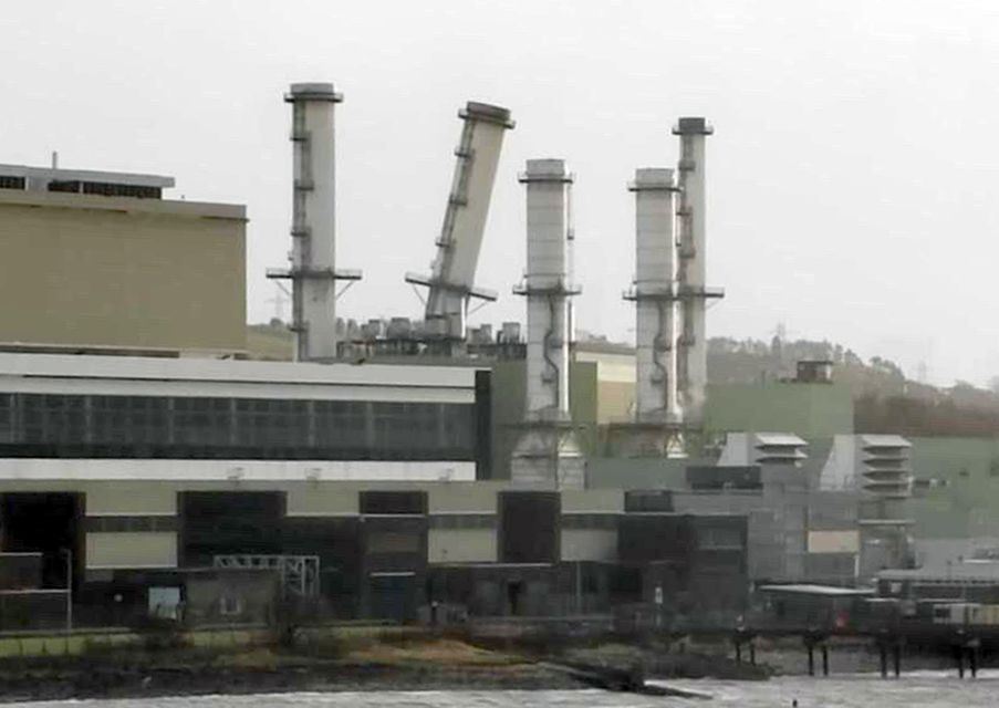 Damage was caused to a chimney at the Co Antrim power station EP Ballylumford close to Larne (Jamie Brennan/PA)