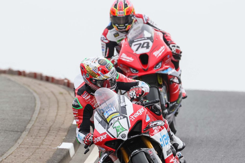 Glenn Irwin (PBM Ducati) and Davey Todd (Milwaukee BMW) during Superbike practice at the North West 200