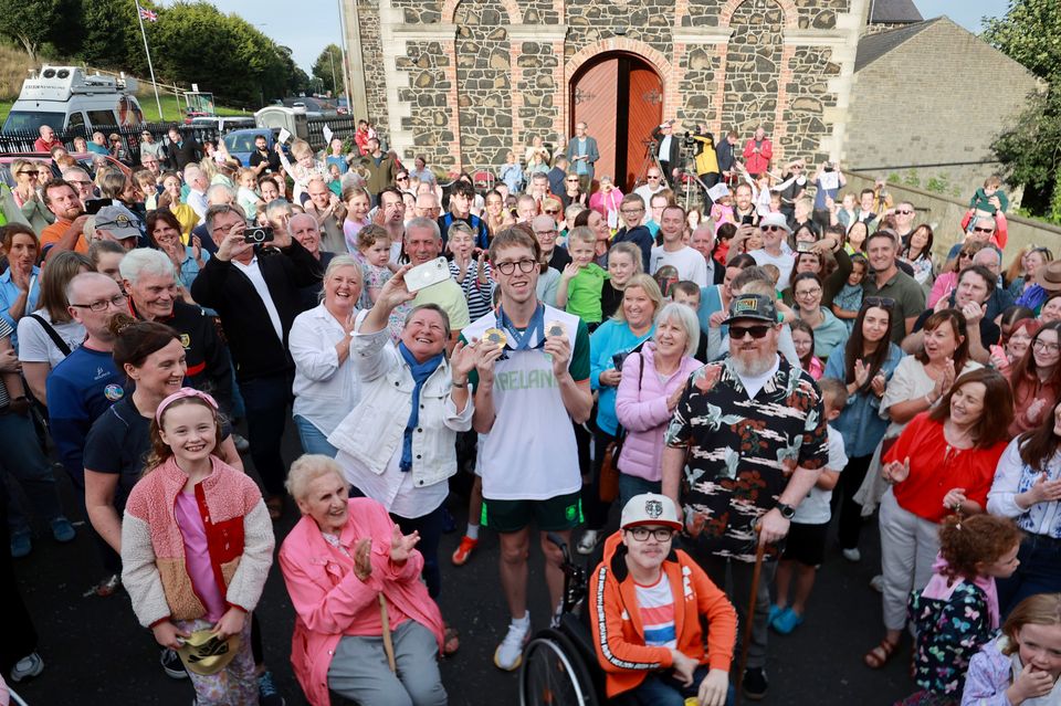 Gold and bronze medal-winning swimmer Daniel Wiffen during his homecoming event in Magheralin in Co Down (Liam McBurney/PA)