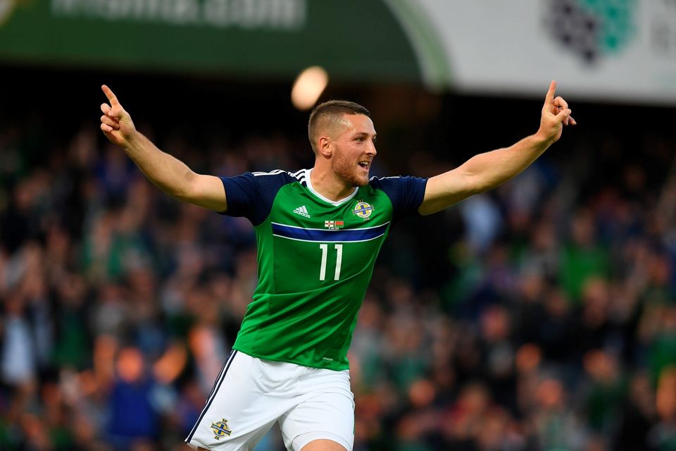 Conor Washington of Northern Ireland celebrates after scoring during the international friendly game between Northern Ireland and Belarus on May 26, 2016 in Belfast, Northern Ireland. (Photo by Charles McQuillan/Getty Images)