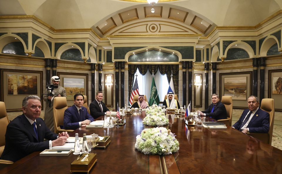 US secretary of state Marco Rubio, second left, meets with Russian and Saudi Arabian officials  (Evelyn Hockstein/AP)