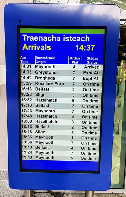 An arrivals board at Connolly station in Dublin as representatives from Iarnrod Eireann appear before the transport committee to discuss changes to the new timetables (Brian Lawless/PA)