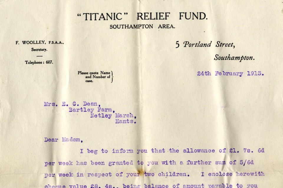 A compensation letter sent to Millvina Dean's mother from the Titanic Relief Fund.