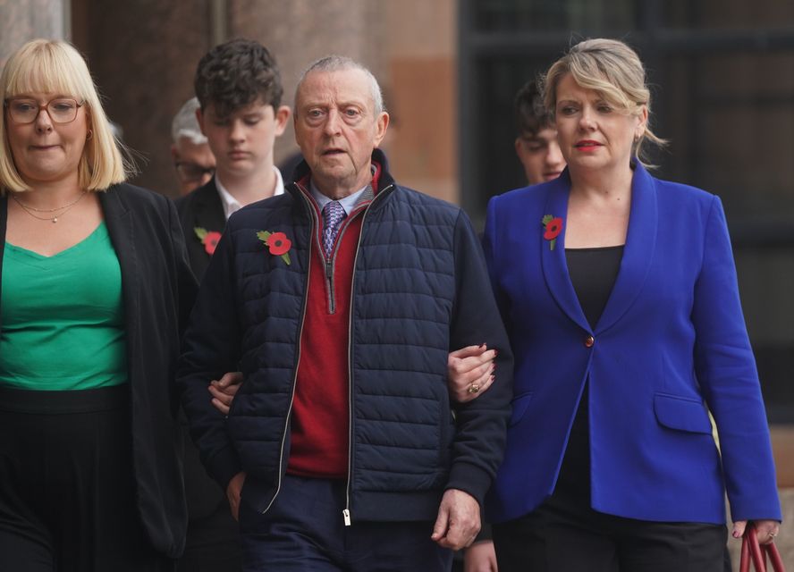 Patrick O’Hara and family members leave Newcastle Crown Court, in Newcastle, where Sunderland-based GP Dr Thomas Kwan, was sentenced to 31 years and five months (Owen Humphreys/PA)