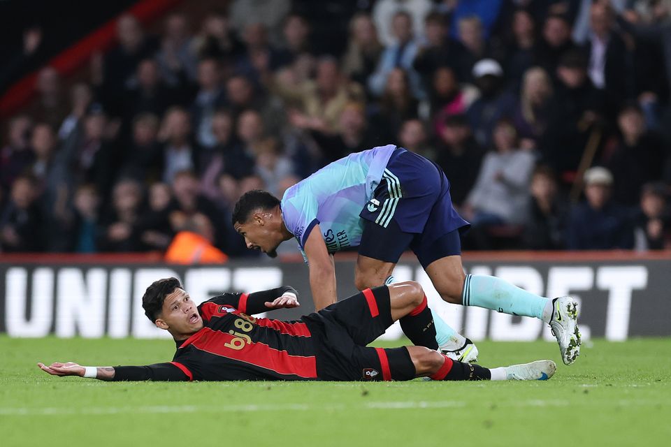 William Saliba was dismissed after 30 minutes for fouling Evanilson (Steven Paston/PA)