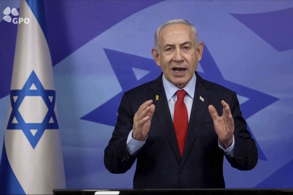 Israeli Prime Minister Benjamin Netanyahu makes a televised statement  (Israeli Government Press Office via AP)