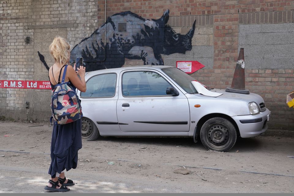 A woman takes a photograph of the Banksy rhino (Lucy North/PA)