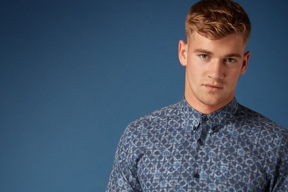 Blue slim fit cotton shirt with geometric print design and soft button down collar, £59.95