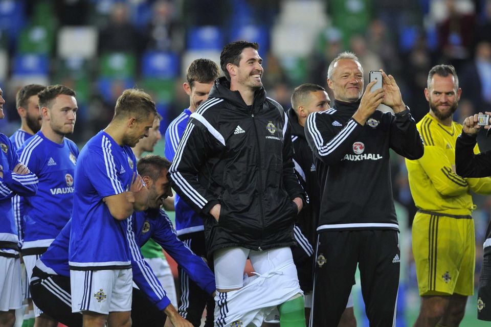 PACEMAKER BELFAST   27/05/2016
Northern Ireland v Belarus  Friendly International
Northern Irelands Kyle Lafferty gets his shorts pulled down during this evenings Friendly International at Windsor park.
Photo Mark Marlow/Pacemaker Press