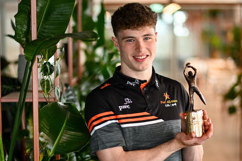 PwC GAA/GPA Player of the Month for March in football, Eoin McEvoy of Derry, with his award
