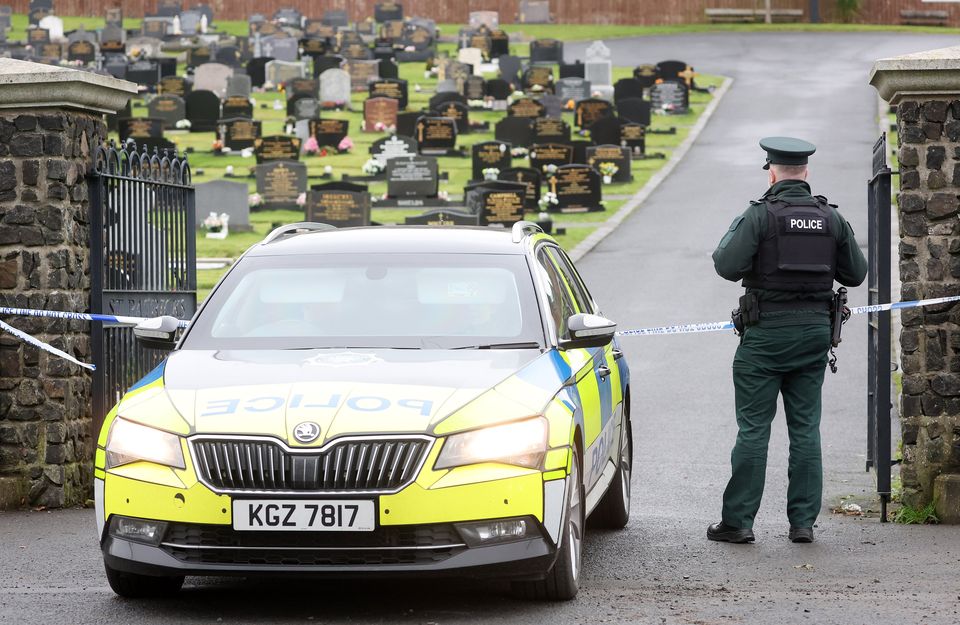 The police cordon at the cemetery on the Dromore Road in Banbridge where the male was detained. Picture by Jonathan Porter/PressEye