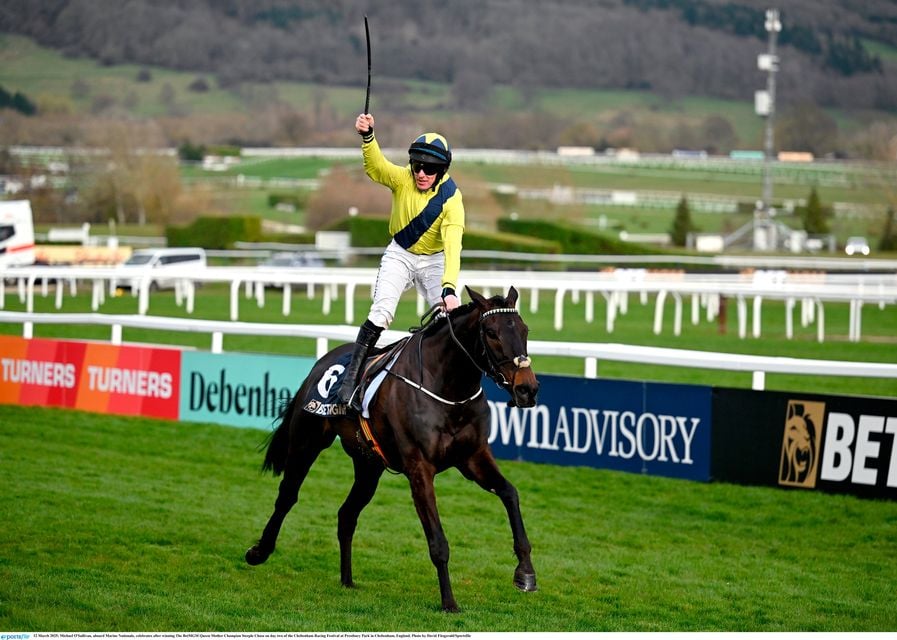 Michael O'Sullivan, aboard Marine Nationale, celebrates after winning The BetMGM Queen Mother Champion Steeple Chase on day two of the Cheltenham Racing Festival at Prestbury Park in Cheltenham, England. Photo by David Fitzgerald/Sportsfile