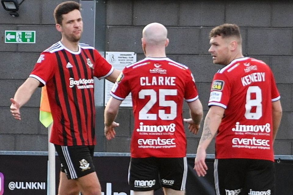 Adam Lecky celebrates giving Crusaders the lead against Carrick Rangers