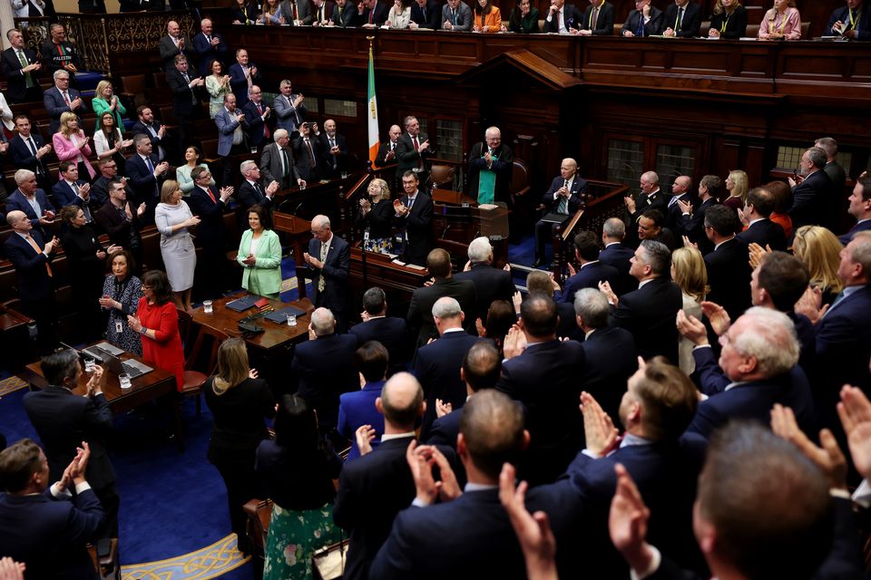 US President Joe Biden receiving a standing ovation after addressing the Oireachtas Eireann during his visit to the island of Ireland (Tony Maxwell/PA) 