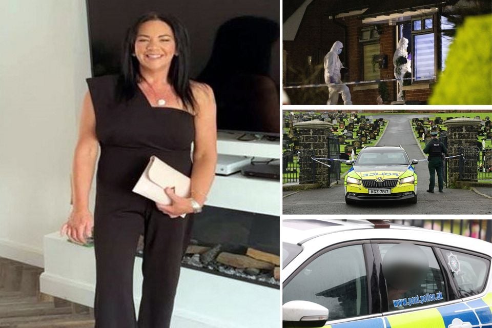 Karen Cummings. Right -top: Forensics at the scene of the sudden death in the Laurel Heights area of Banbridge on December 15, 2024 (photo by Kevin Scott). Middle: A police cordon at a cemetery on the Dromore Road in Banbridge where a second suspect was detained on December 15, 2024 (photo by Jonathan Porter/PressEye). Bottom: A man aged in his 30s was detained by police outside the cemetery (photo: PressEye).