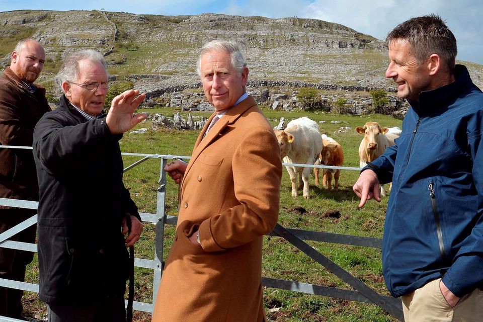 Britain's Prince Charles, Prince of Wales (C) listens as farmer Pat Nagle talks during his visit to the Burren National Park in west Ireland, on May 19, 2015. Prince Charles on Tuesday became the first British royal to meet Irish republican leader Gerry Adams, on a visit that will take him to the scene of his great-uncle's murder by the IRA.  AFP PHOTO / POOL / JOHN STILLWELLJOHN STILLWELL/AFP/Getty Images