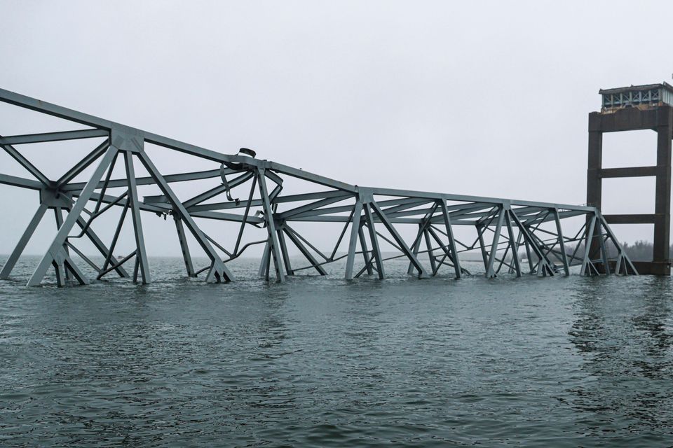 Part of the collapsed Francis Scott Key Bridge (Julia Nikhinson/AP)
