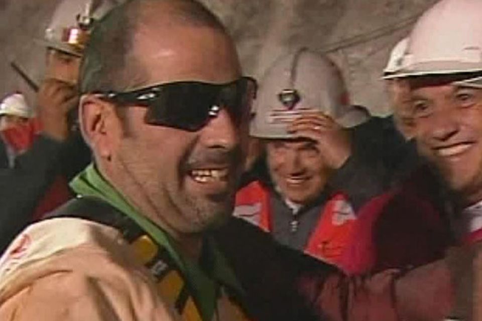 In this screen grab taken from video, Mario Sepulveda Espina, the second miner to be rescued, celebrates  at San Jose Mine near Copiapo, Chile. (AP Photo)