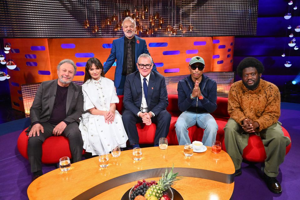 Billy Crystal, Emily Mortimer, Hugh Bonneville, Pharrell Williams and Michael Kiwanuka with host Graham Norton (Matt Crossick/PA)