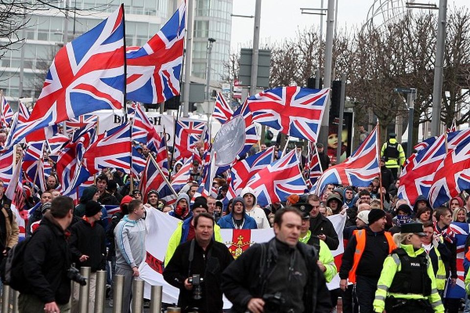 Loyalist protesters on their way to Belfast City Hall