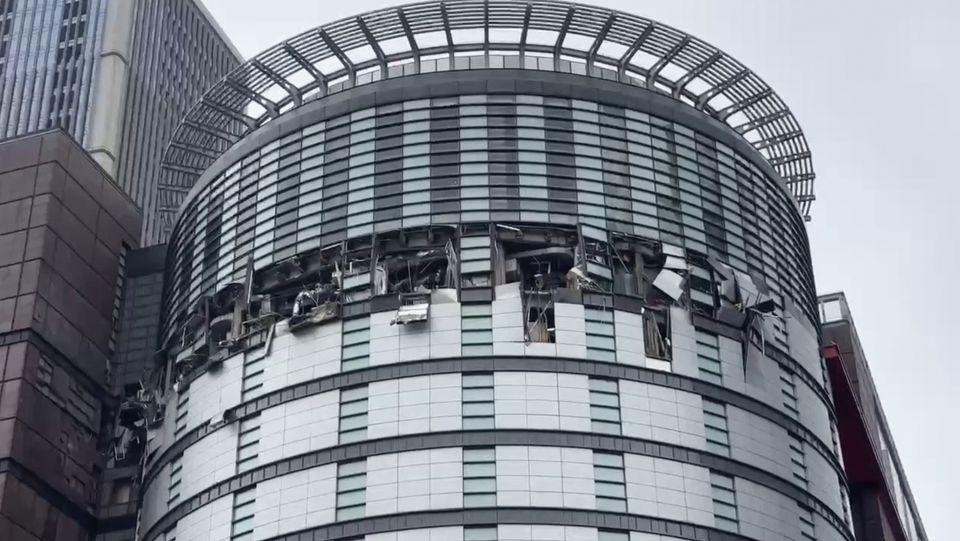 Damaged facade of the Shin Kong Mitsukoshi department store after an explosion in Taichung city (TVBS via AP )