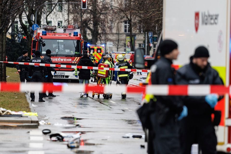 Emergency services attend the scene of an incident after a driver hit a group of people in Munich, Germany, on Thursday. Pic: Matthias Balk/dpa via AP