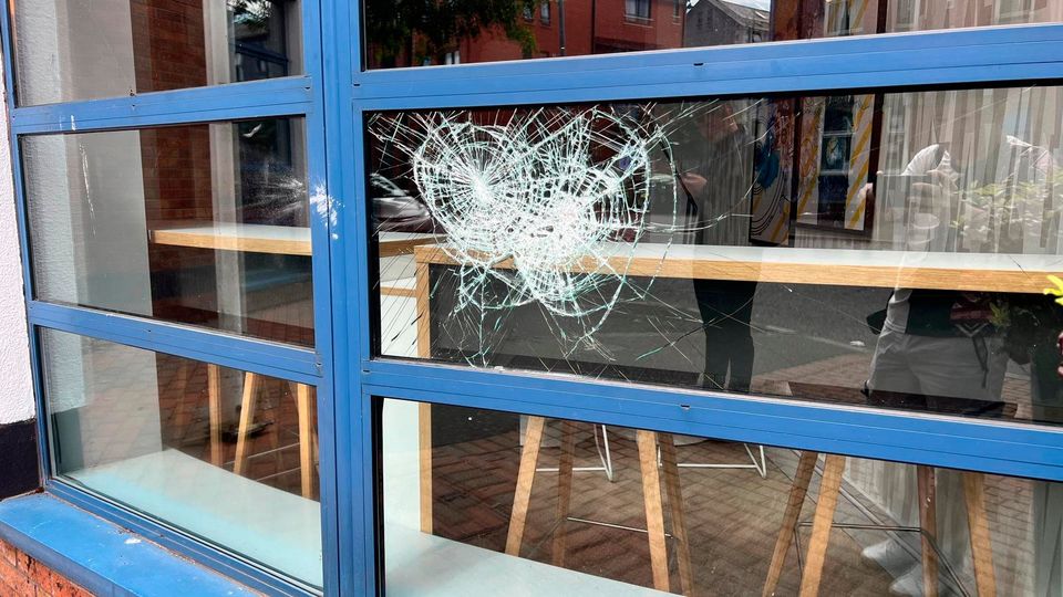 Damage to a cafe in south Belfast. Photo: Kevin Scott.