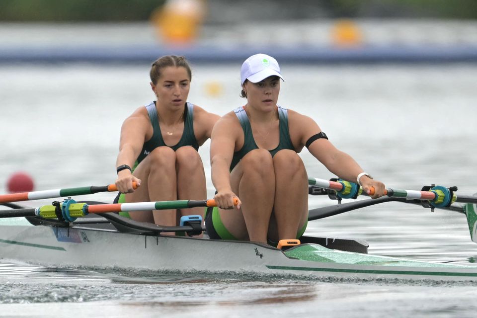 Ireland's Zoe Hyde (l) and Alison Bergin compete in the women's double sculls heats rowing competition at Vaires-sur-Marne Nautical Centre.