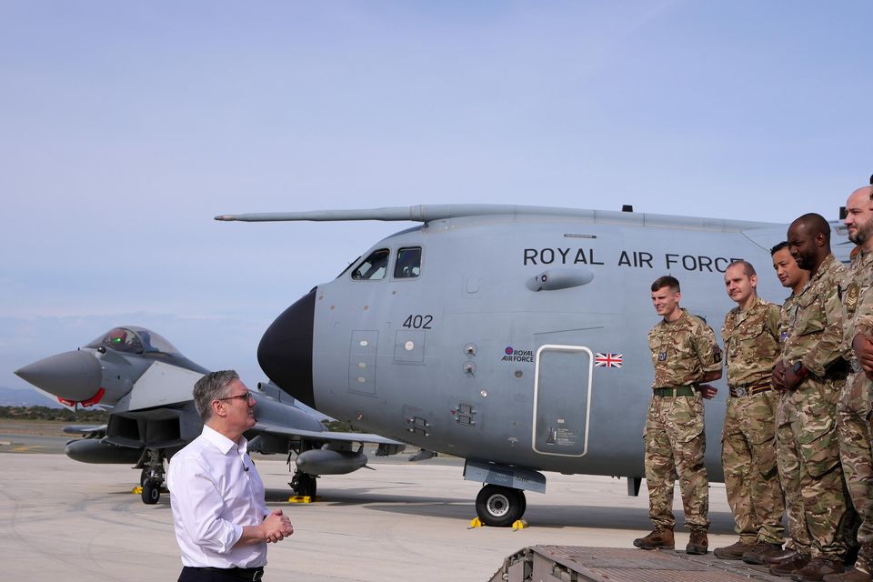 Sir Keir Starmer speaks to soldiers at the RAF base in Akrotiri, Cyprus (Kirsty Wigglesworth/PA)