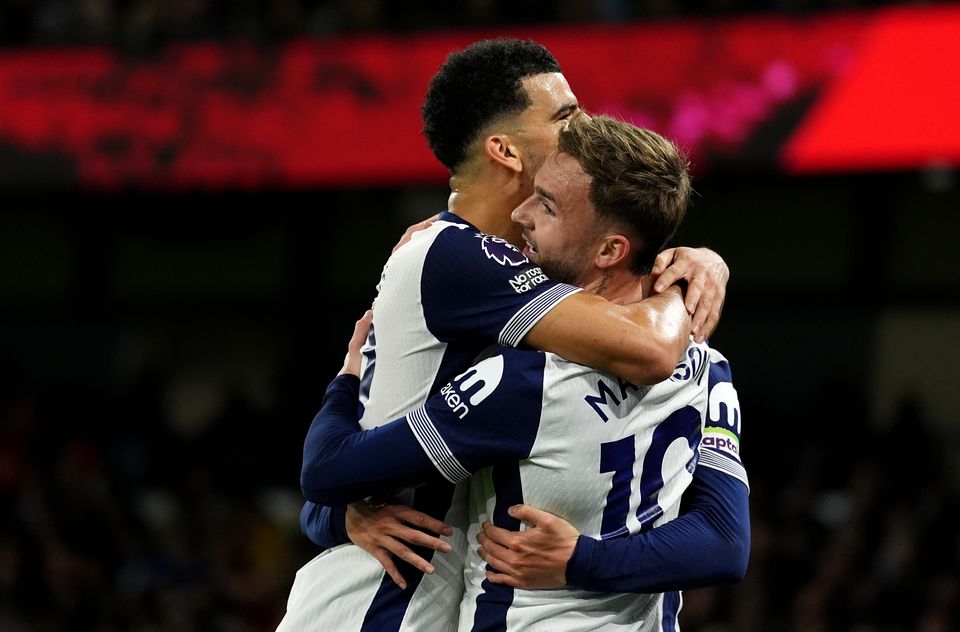 James Maddison, right, celebrates his second goal with Dominic Solanke (Martin Rickett/PA)