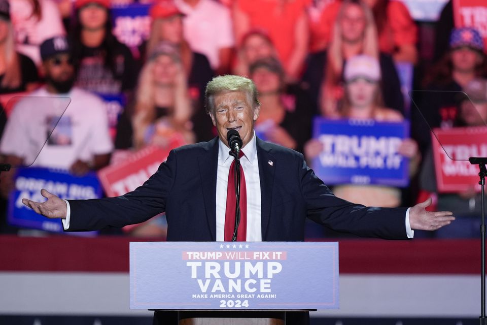 Republican presidential nominee former president Donald Trump arrives to speak at a campaign rally (AP/Alex Brandon)