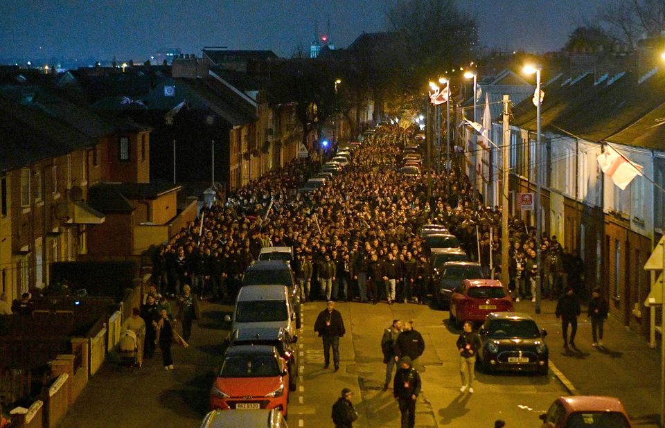 PACEMAKER PRESS BELFAST 07-11-24
UEFA Conference League - League Phase
Match Day 3 
Larne v St Gallen
Around Two Thousand St Gallen fans march to this Evening’s game at the NFS @ Windsor Park, Belfast.

Photo - Andrew McCarroll/ Pacemaker Press