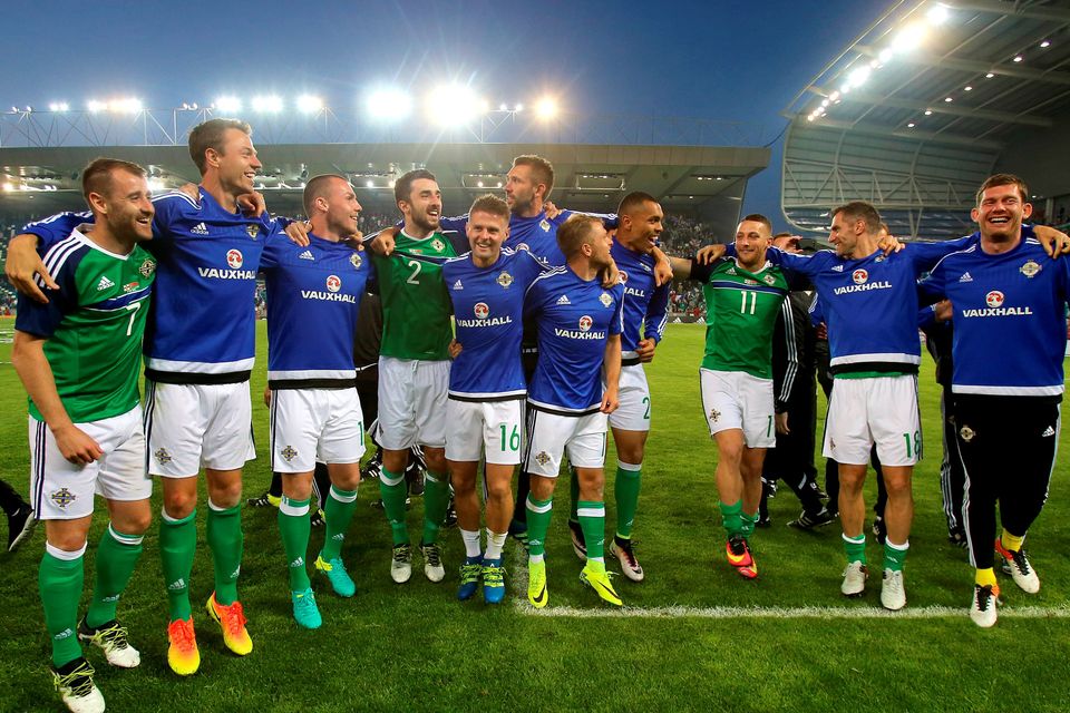 Northern Ireland players during a celebration send-off before the players leave for Euro 2016 after the International Friendly at Windsor Park, Belfast. PRESS ASSOCIATION Photo. Picture date: Friday May 27, 2016. See PA story SOCCER N Ireland. Photo credit should read: Niall Carson/PA Wire. RESTRICTIONS: Editorial use only, No commercial use without prior permission, please contact PA Images for further information: Tel: +44 (0) 115 8447447.