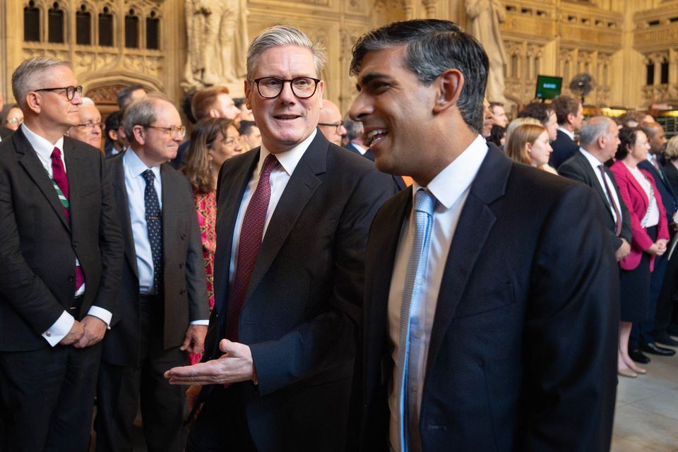 Prime Minister Sir Keir Starmer and leader of the Opposition Rishi Sunak walking through the Member’s Lobby (Stefan Rousseau/PA)