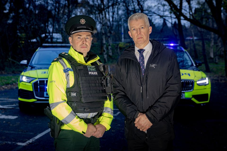 Chief Superintendent Sam Donaldson and Crimestoppers’ Director of Operations Mick Duthie as Police launch their annual anti-drink driving campaign at Shaws Bridge in Belfast