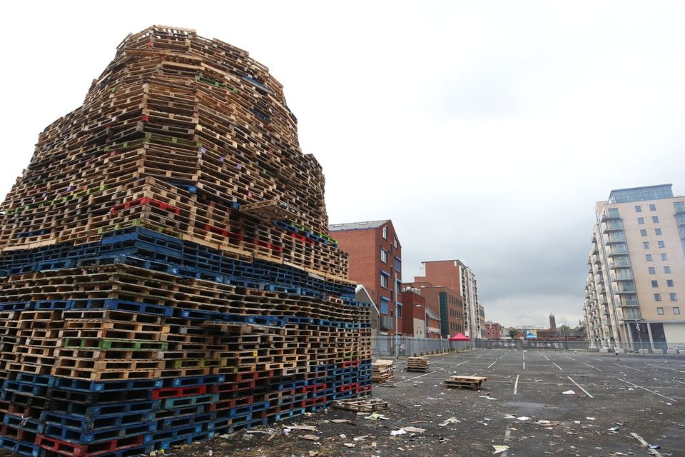 11th night bonfires are prepared around Belfast as July 12th draws near.
Sandy Row, South Belfast.