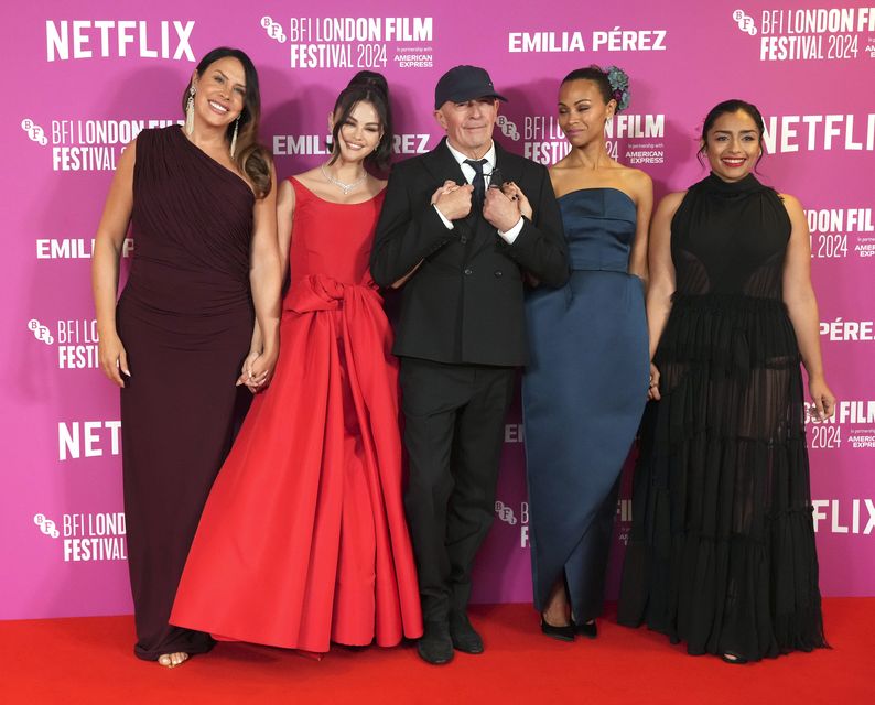 (left to right) Karla Sofia Gascon, Selena Gomez, Jacques Audiard, Zoe Saldana and Adriana Paz attend the BFI London Film Festival gala screening of Emilia Perez, at the Royal Festival Hall, Southbank Centre in London (Jeff Moore/PA)