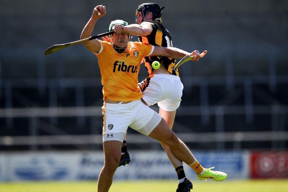 Kilkenny’s Adrian Mullen challenges Conal Bohill of Antrim for a high ball during an emphatic defeat for the Saffrons