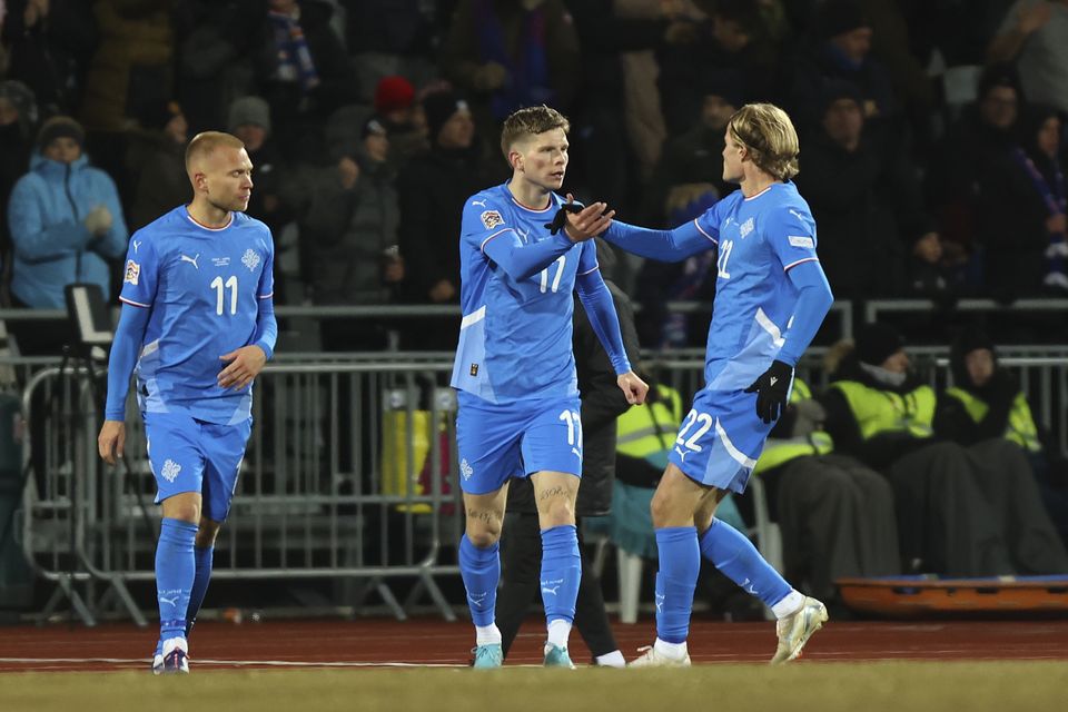 Iceland’s Logi Tomasson, center, celebrates after scoring his side’s first goal (Arni Torfason/AP)