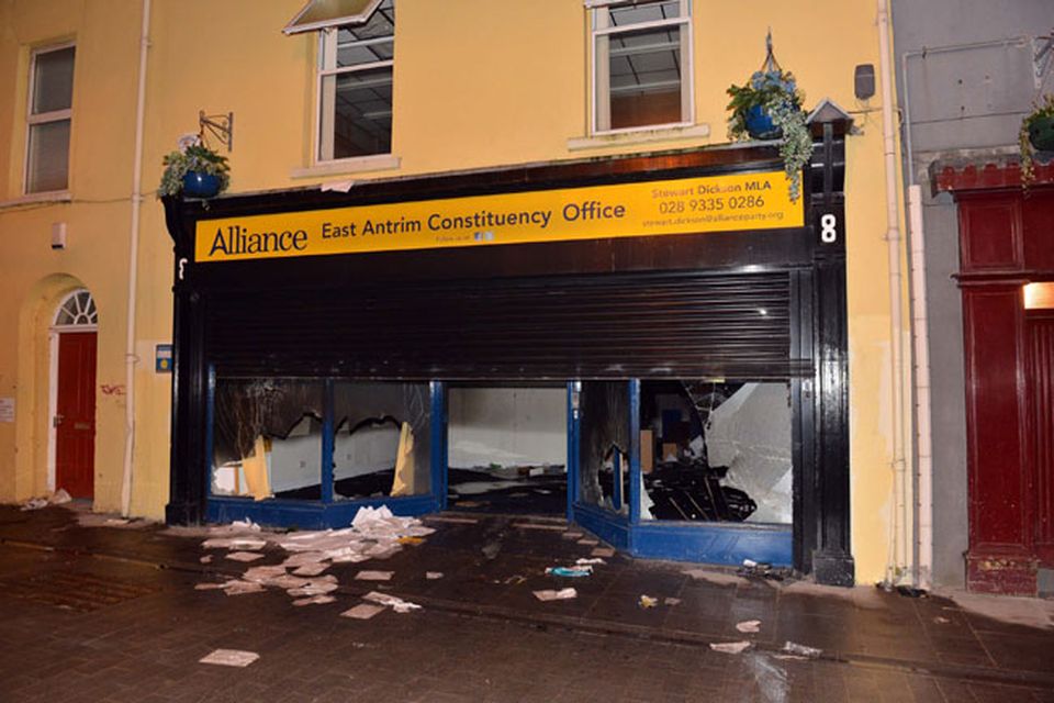 Alliance party office which was set on fire in Carrickfergus after a protest rally over the Union flag