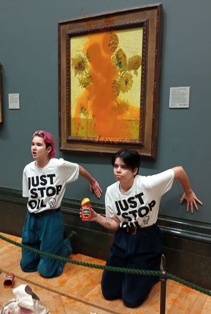 Two protesters threw tinned soup at Vincent Van Gogh’s famous 1888 work Sunflowers at the National Gallery (Just Stop Oil/PA)