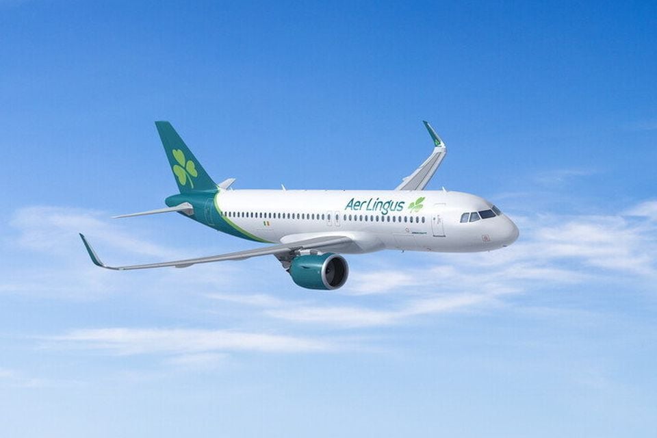 Aer Lingus airplane flying against a blue sky with clouds.