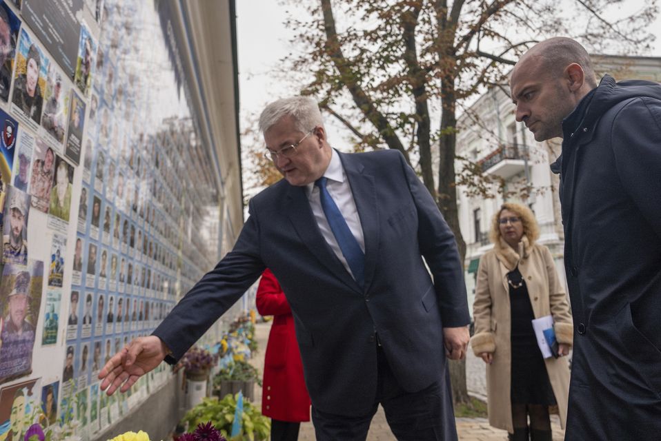 The French Foreign Minister paid tribute to the fallen at a memorial in Kyiv (Alex Babenko/AP)